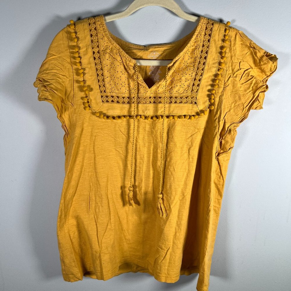 St. Johns Bay Womens 100% Cotton Blouse Yellow Lace Top Short Sleeve Size S